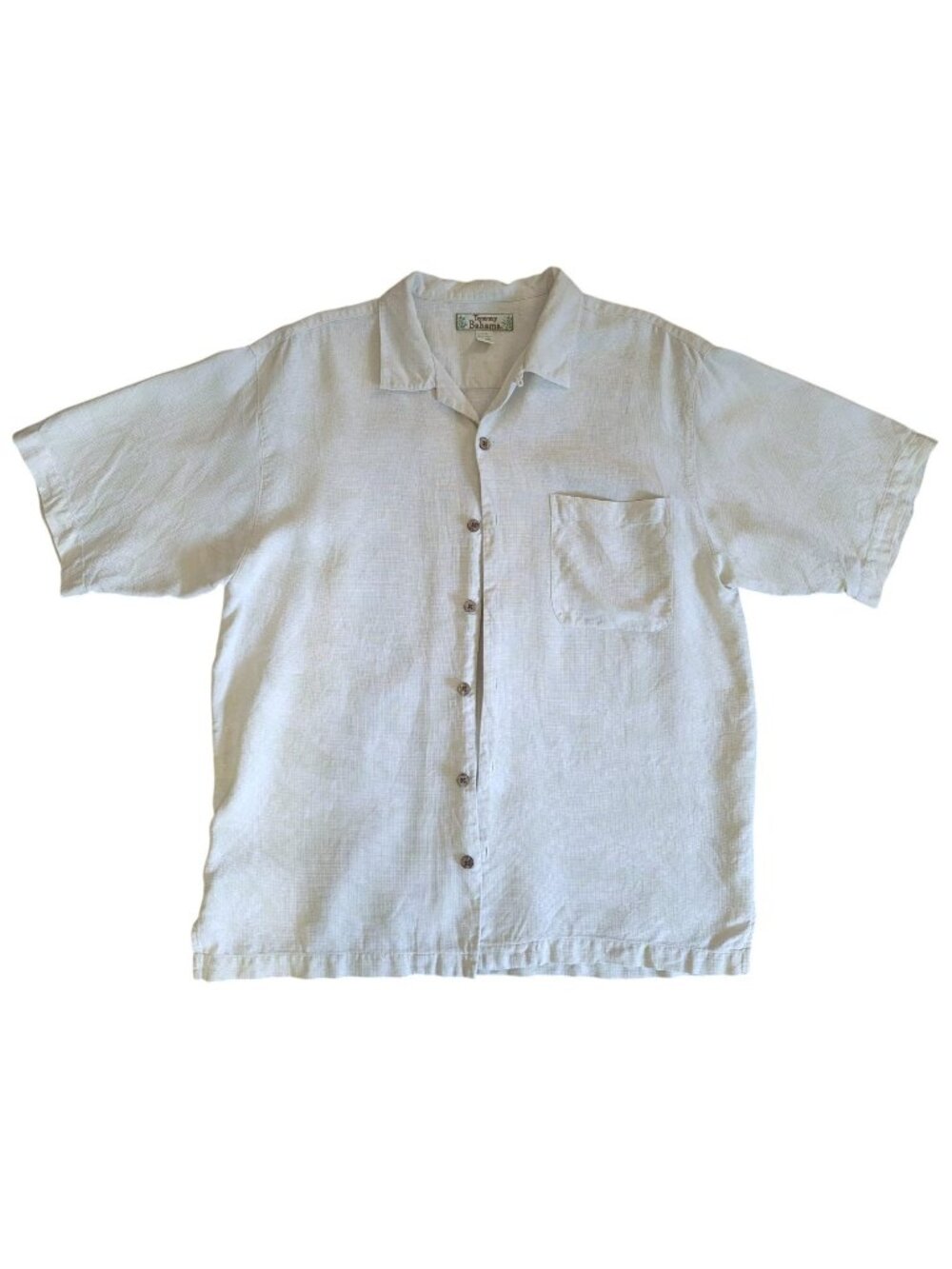 Tommy Bahama Mens Large Beige Silk Button-Down Shirt Short Sleeve Casual.